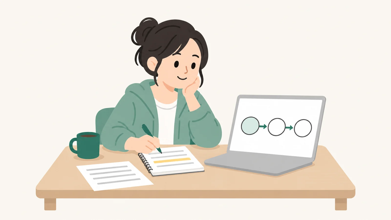 ノートパソコンに映った図を見ながら、ノートに書き写している女性のイラスト