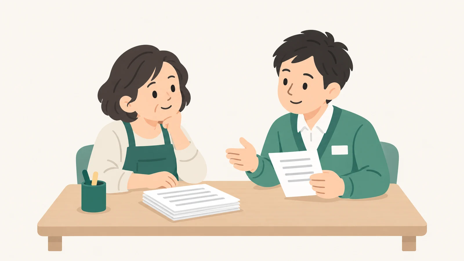 窓口の机をはさんで、相談員と話している経営者の女性のイラスト